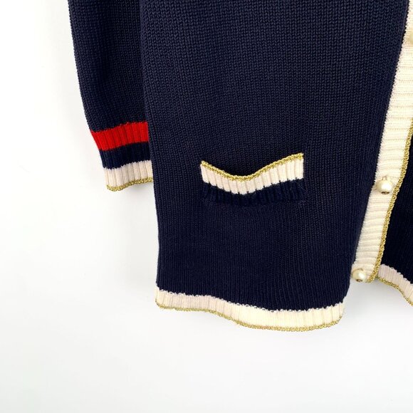 DW0178 Gucci Navy Wool Cardigan With Ivory Trim Red "Loved" Back Detail - Picture 4 of 8